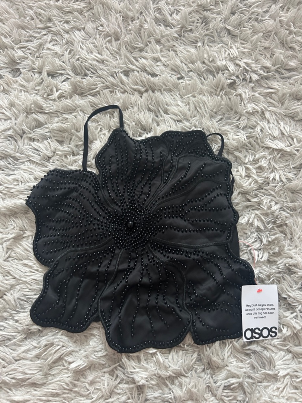ASOS Black Beaded Floral Scallop Crop Top NWT
